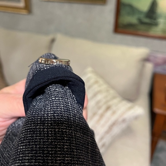 TOMMY HILFIGER Womens 10 Navy Blue Tweed Linen Look Jacket Blazer Lapel Logo Pin - Picture 12 of 16